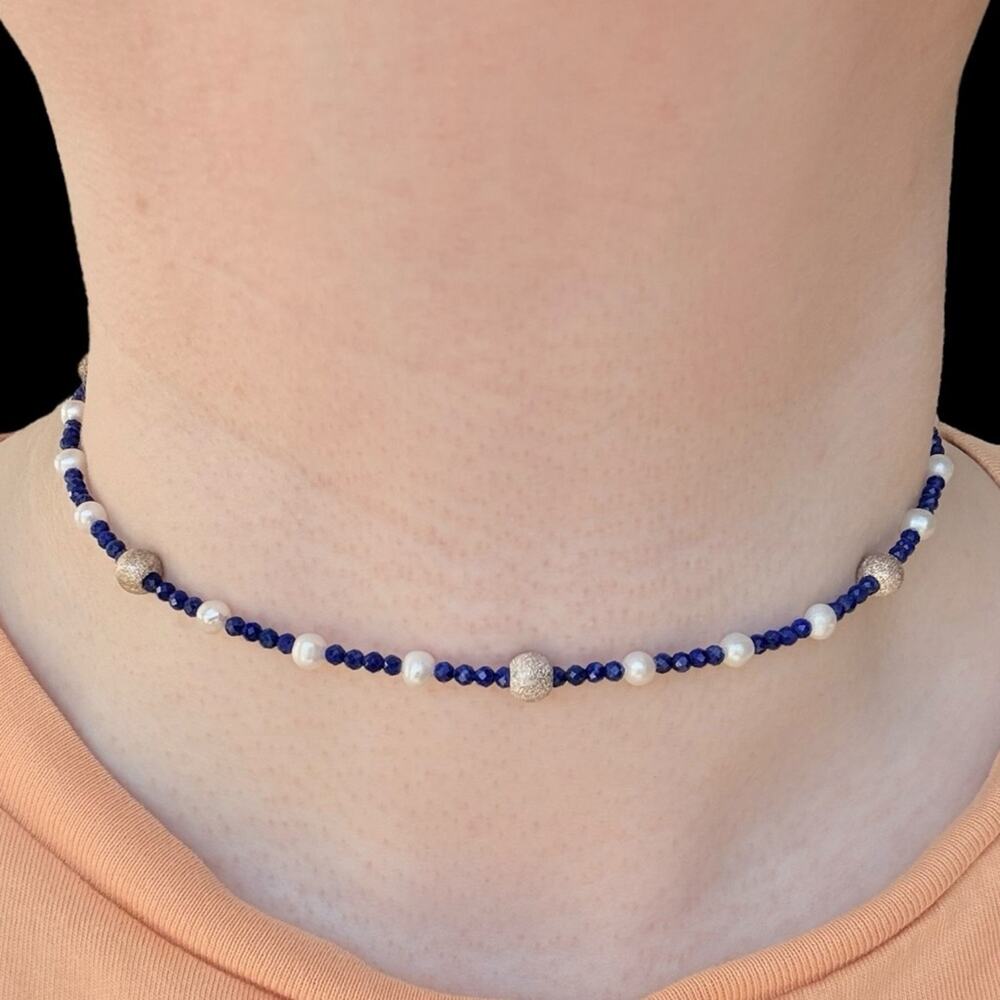 Vintage 90s Sterling Silver Lapis Lazuli Pearl Necklace 15” Dainty Elegant 925